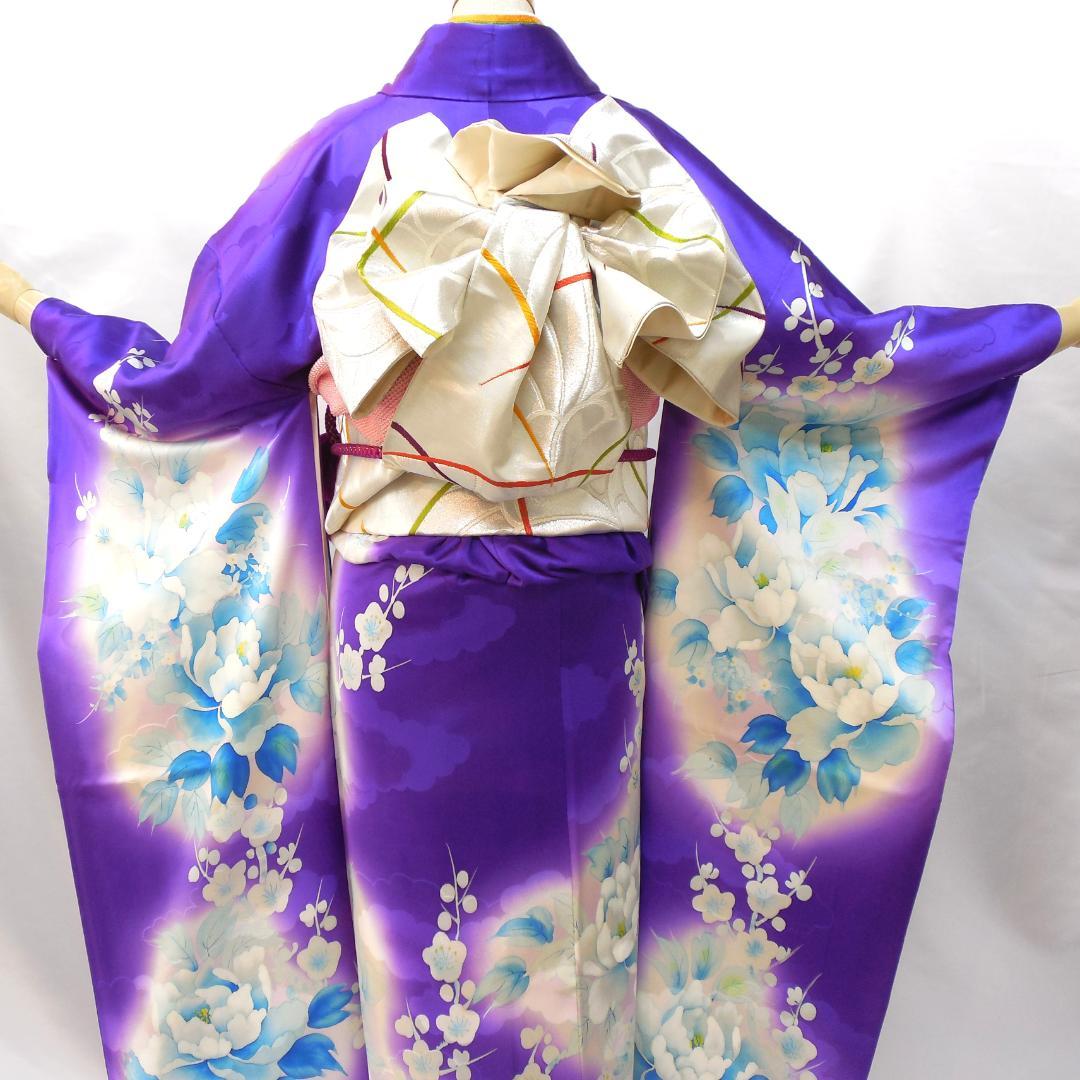 美品★振袖フルセット　正絹　振袖　７点　成人式　Sサイズ　パープル系　紫　花柄