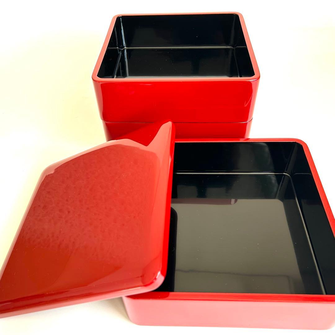 【美品】漆器 木製 漆塗り 重箱 三段重箱 三段重 お重 赤 日本製 モダン