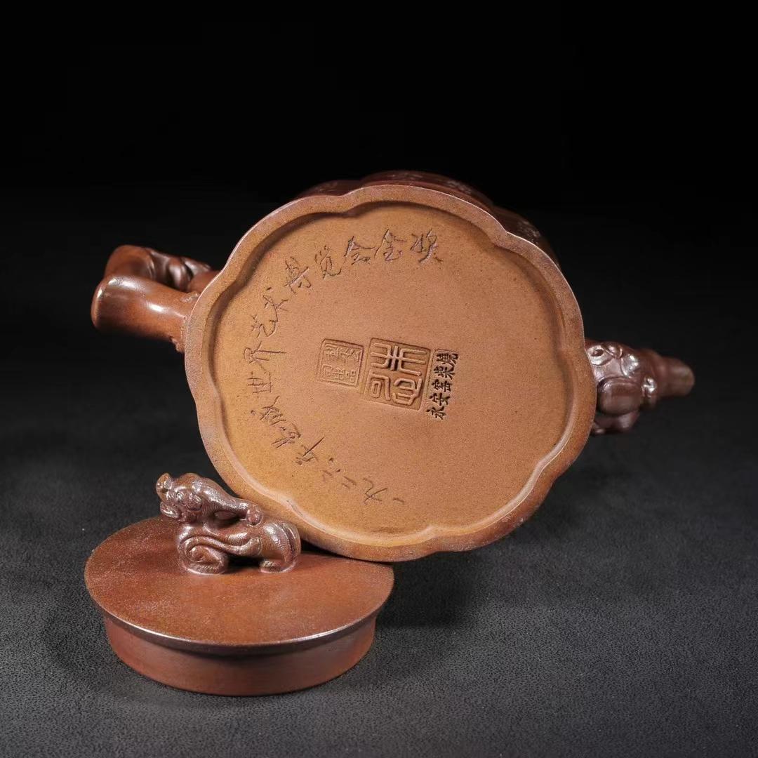 中国古美術・原鉱底槽清泥龍騰盛世紋急須・紫砂壺・底款:朱可心紋・朱泥・急須・茶壺