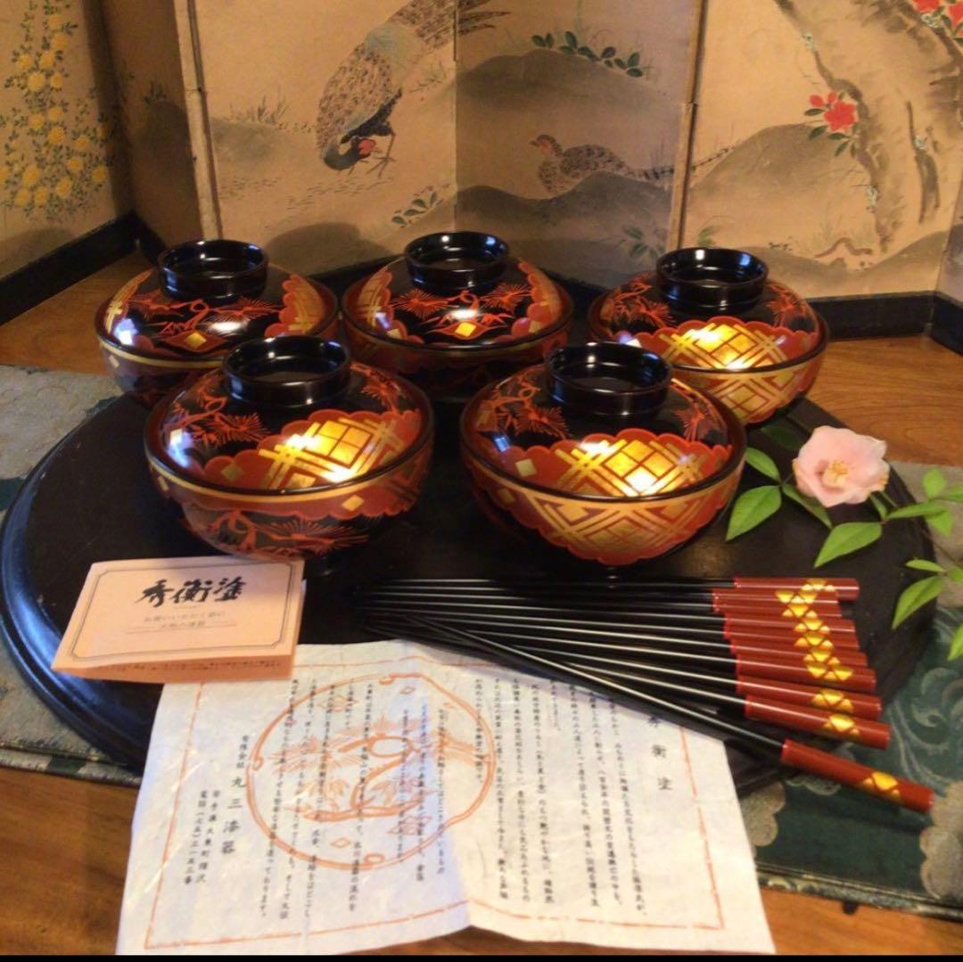 A1062 木製漆器　懐石道具　秀衡塗　椀　（丸三漆器）5客箸　5膳　揃え