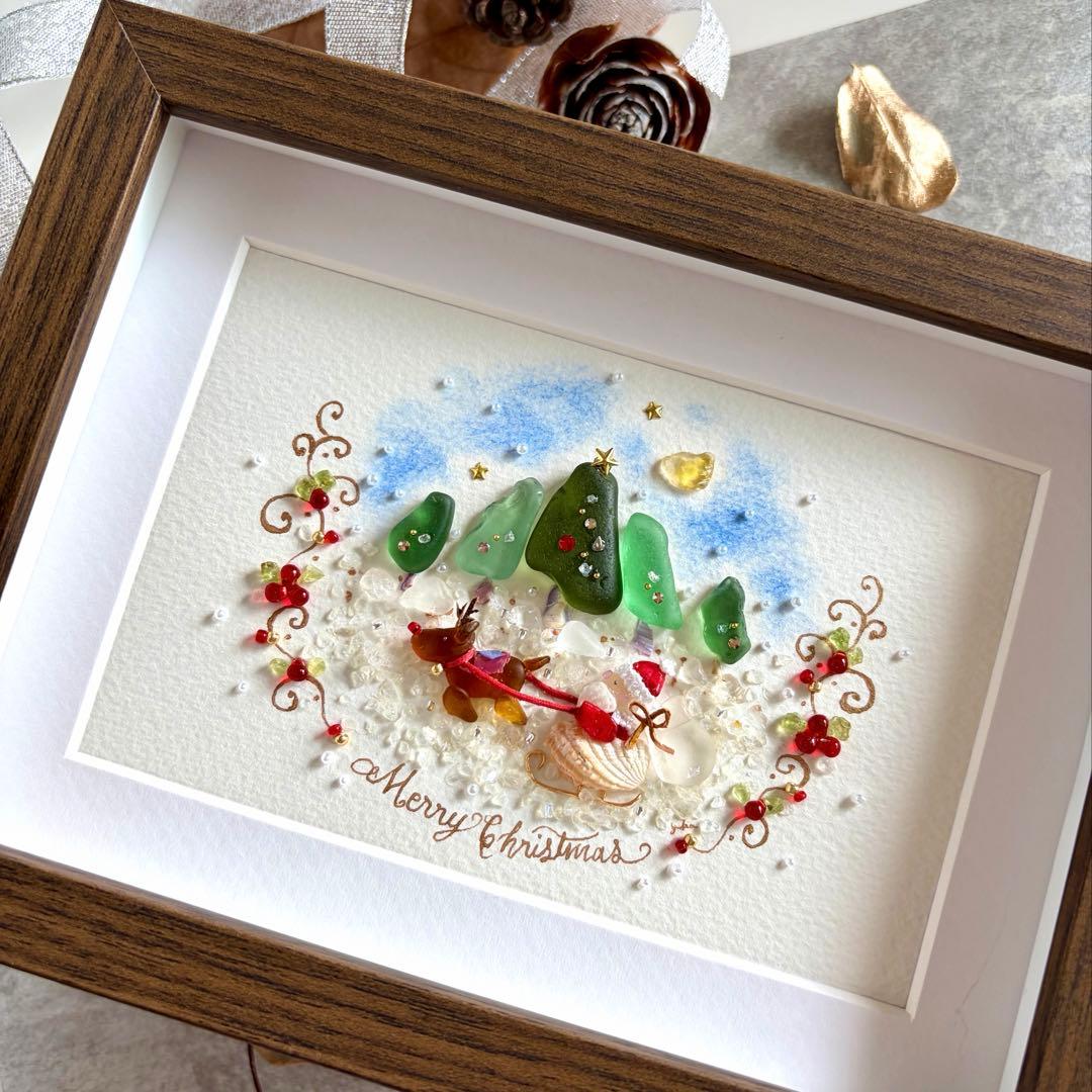 サンタとトナカイ　シーグラスアート／天然石／フレーム／クリスマス／サンタ
