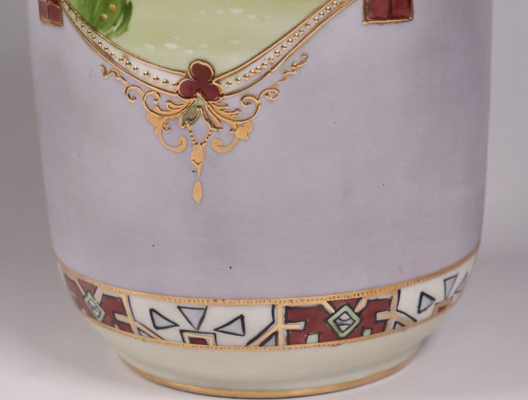 【CM318】オールドノリタケ パネル風景 耳付 花瓶 金彩 金盛 明治