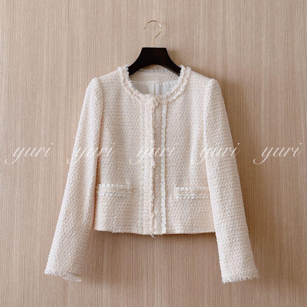 【1200】アナイ　ツイードノーカラージャケット　アイボリー 36 フォーマル