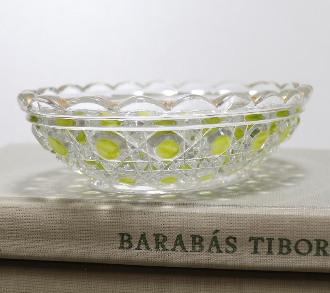 オールド・バカラ 上級作品 黄緑色被せ エナメル彩 金彩 切子 小皿 ディアマン