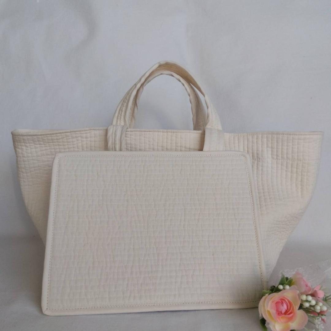 マグネット 底板ヌビ☆トートバッグ Wハンドル☆ ベージュ ヌビバッグ