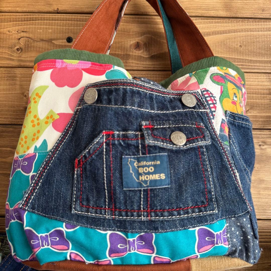 ハンドメイド デニムリメイク バッグ くまさん 楕円底 2way 55