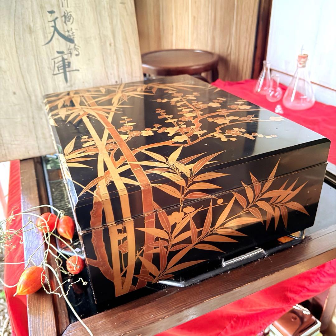 超限定1月21日20時迄‼️JAPAN蒔絵天然木本漆 竹梅蒔絵文箱料紙箱桐箱　1客