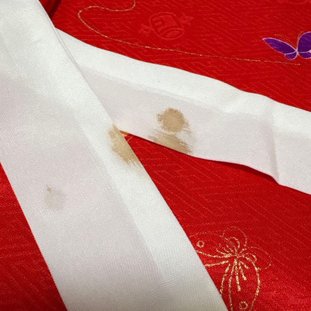 122 正絹着物　赤×蝶々×花車　七五三着物セット　3歳　日本製　結び帯