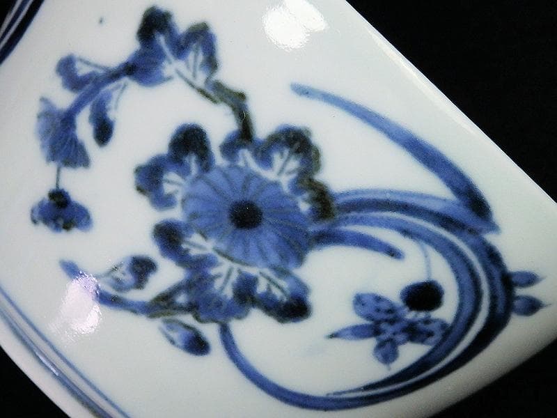 古伊万里　藍九谷　菊に蘭の図　大振蕎麦猪口　江戸中期　C552AS-BKc