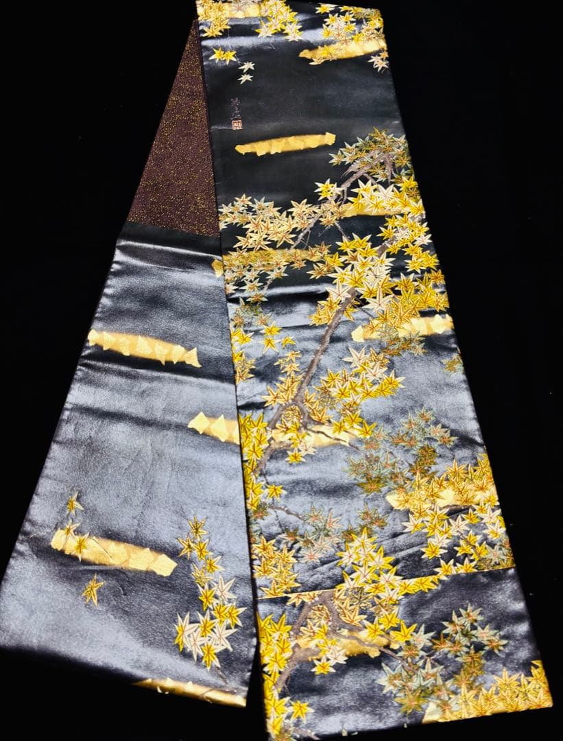 【超美品】袋帯 真珠本金箔 もみじ キラキラ 六通 光沢感グレー