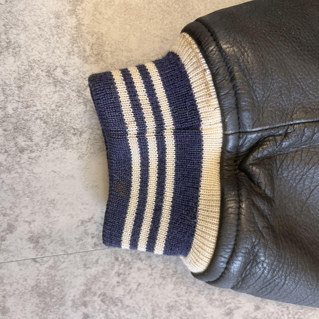 ROZZO スタジャン 短丈 ワッペン レザー　紺×黒 y2k 古着 アメカジ