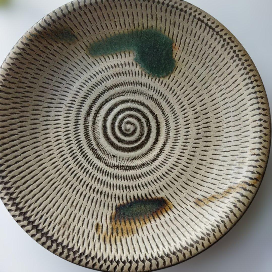 中皿　19cm　4枚　飛び鉋　打ち掛　緑釉飴釉　小石原焼　太田哲三　とびかんな