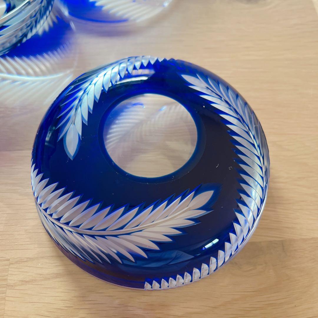 色被せ硝子　ルリ切子　5枚　深