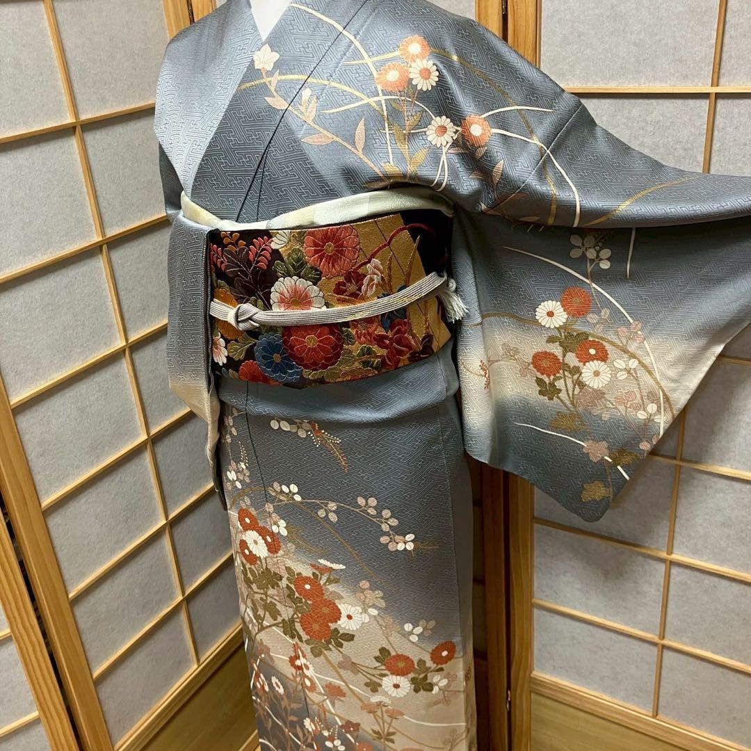 ［5800］訪問着 美品 草花 金彩 三越扱い ぼかし 正絹 着物 袷