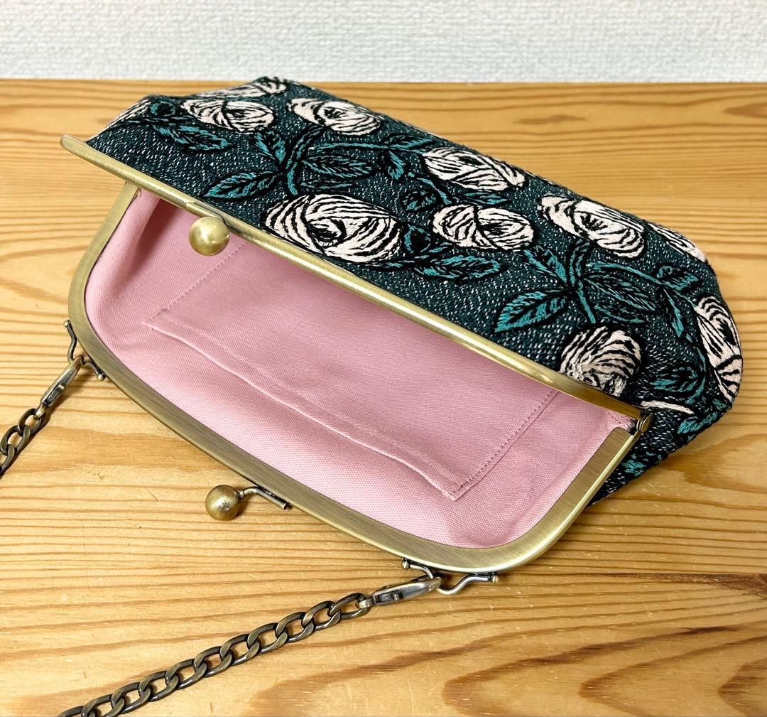 ハンドメイド がま口バッグ ポーチ rosy ブルーグリーン ミナペルホネン