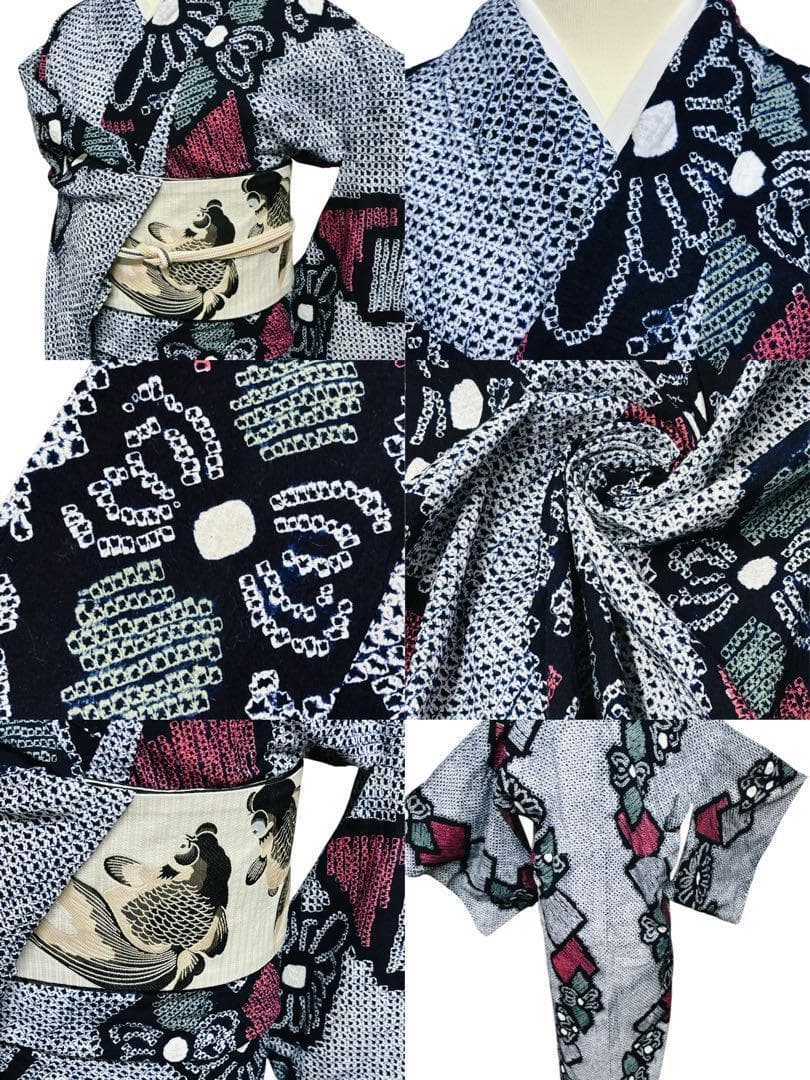 A28 有松鳴海絞り 高級浴衣 花模様　紺青