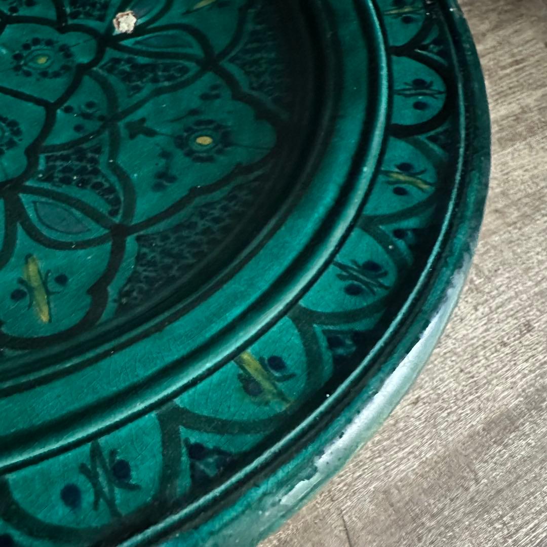 ブルガリア陶器　トロヤン焼　青釉内花柄　壁掛けデザイン　大皿　アンティーク