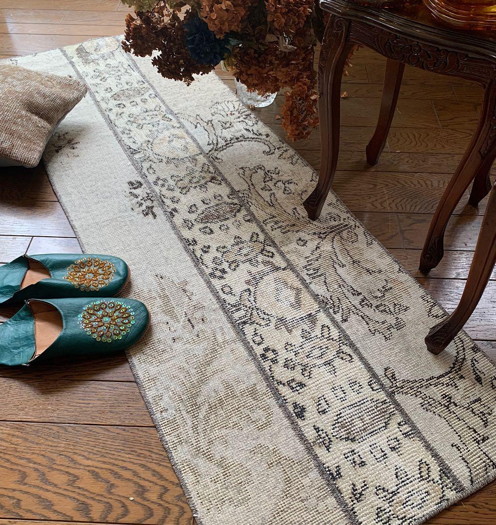 トルコヴィンテージラグ　ランナー　147×51アイボリー　グレージュ　トルコラグ