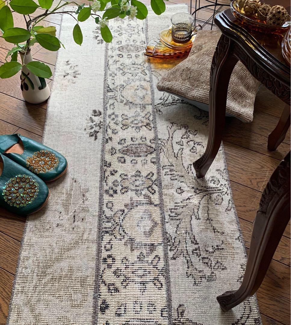 トルコヴィンテージラグ　ランナー　147×51アイボリー　グレージュ　トルコラグ