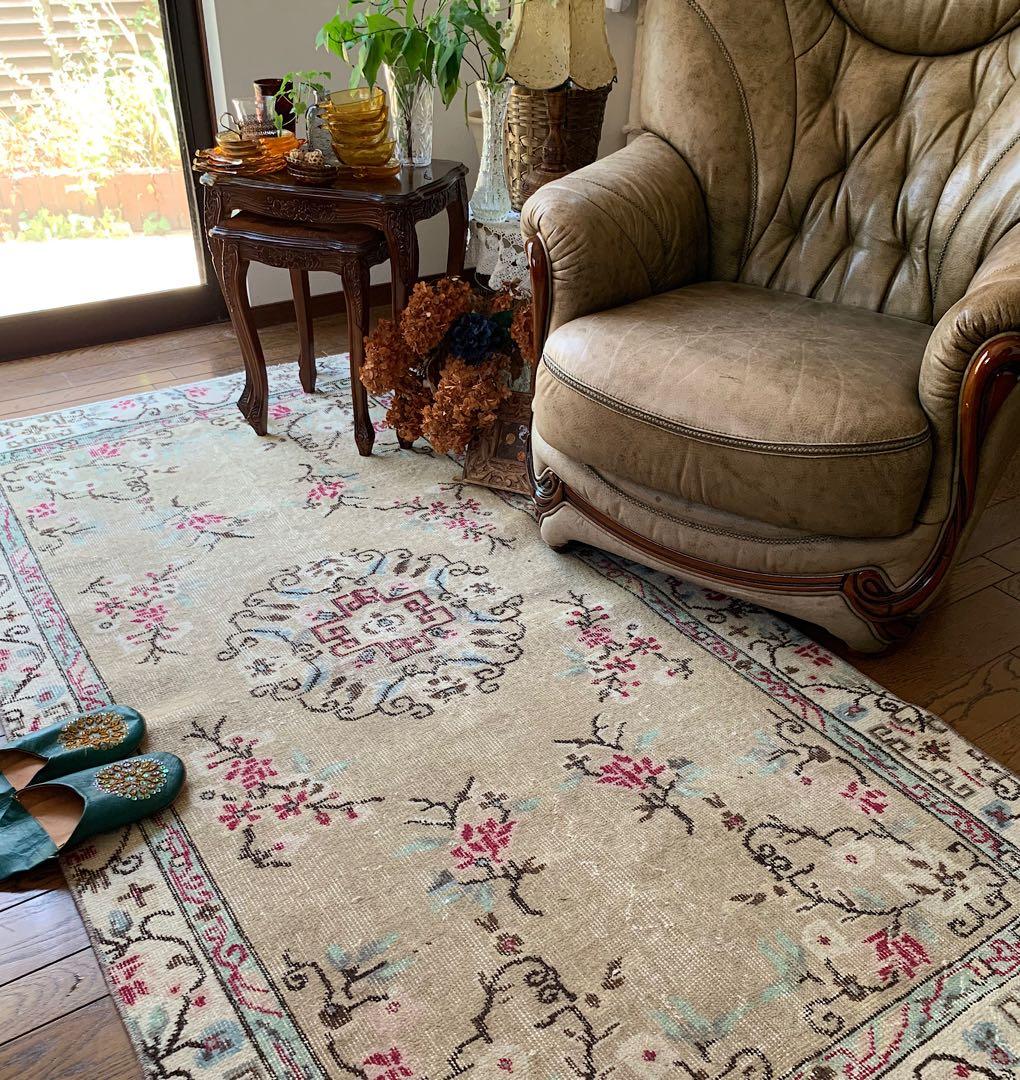 シノワズリ　213×110 トルコヴィンテージラグ　ペールカーキ トルコラグ