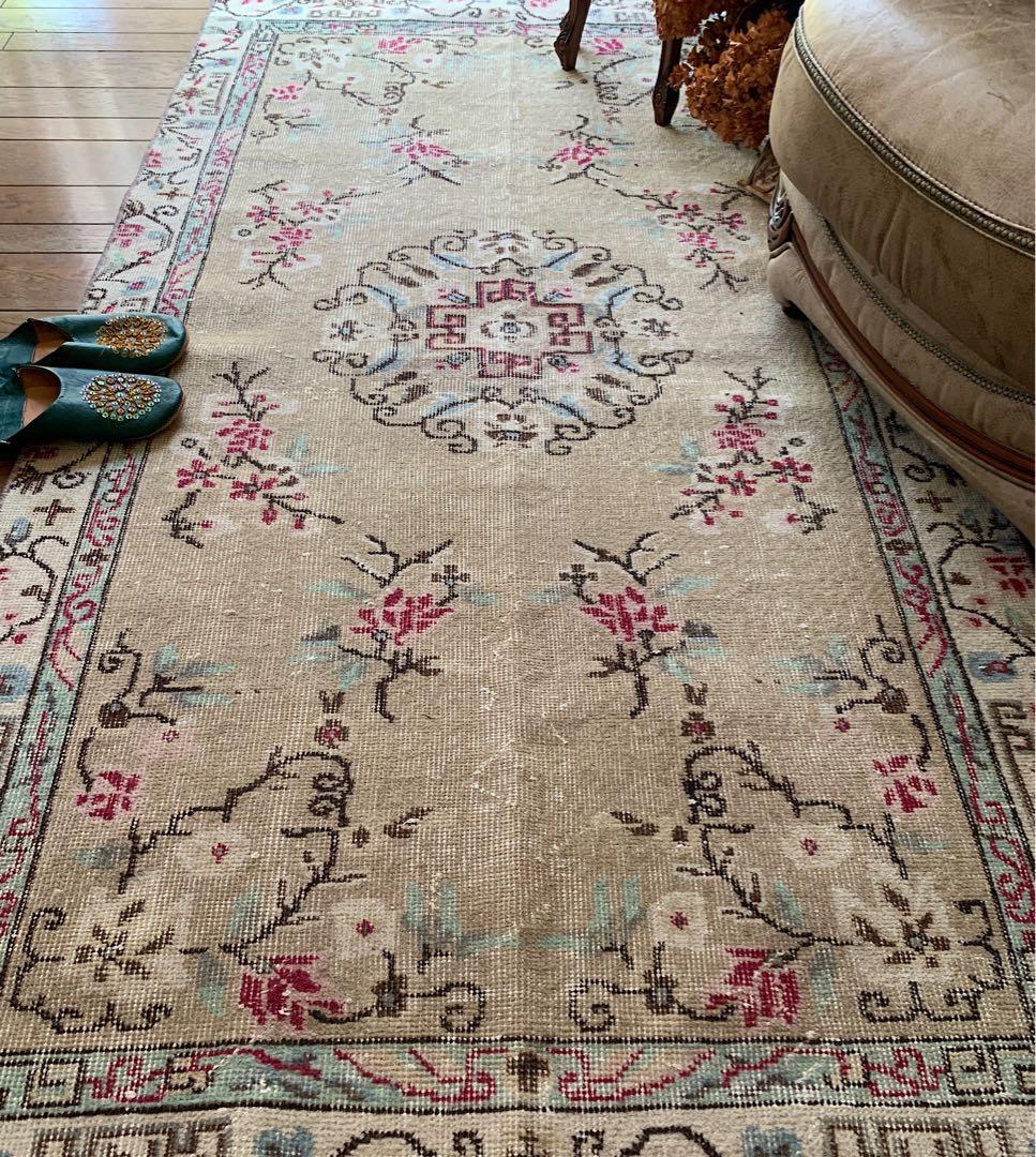 シノワズリ　213×110 トルコヴィンテージラグ　ペールカーキ トルコラグ