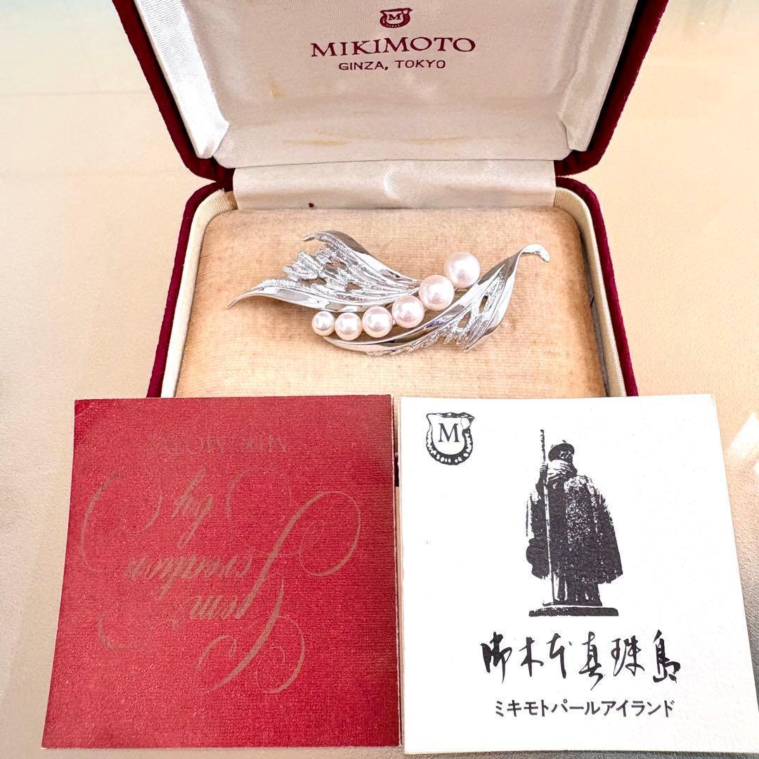 美品✨MIKIMOTO ブローチ あこや真珠 6珠 リーフM刻印 シルバー