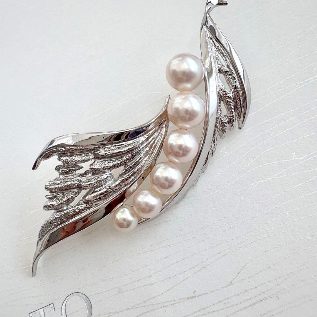 美品✨MIKIMOTO ブローチ あこや真珠 6珠 リーフM刻印 シルバー