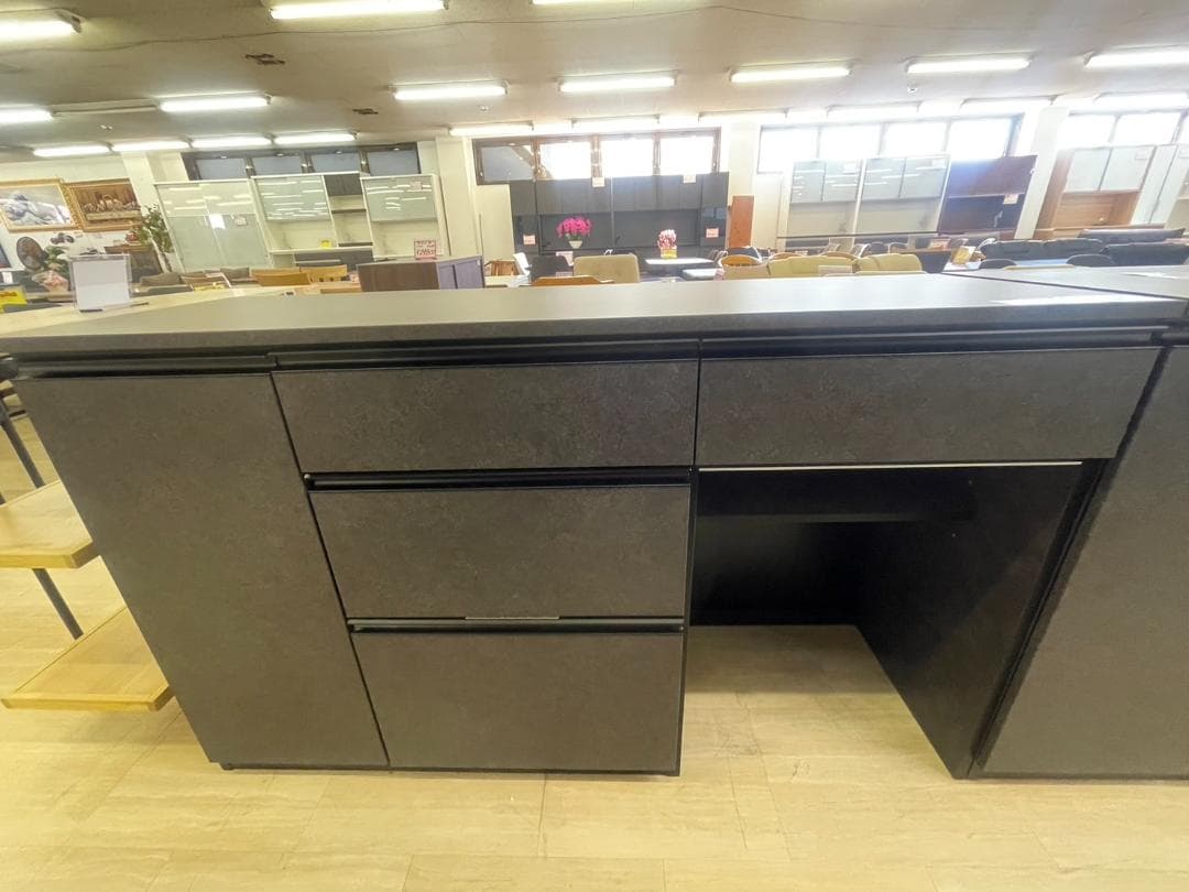 キッチンカウンター　幅155　サイドボード　ブラック　ラック　食器棚　大理石　棚