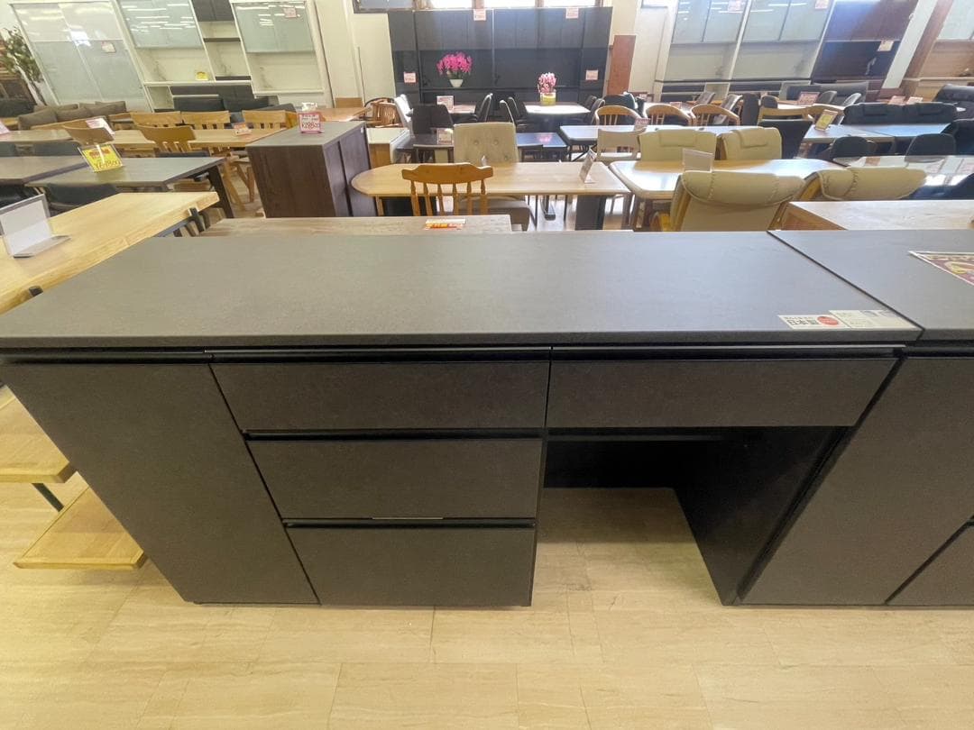 キッチンカウンター　幅155　サイドボード　ブラック　ラック　食器棚　大理石　棚