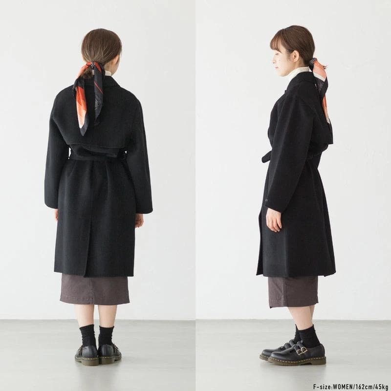 バンソンエミレイユ　ゆったり　ウールリバーコート　ベルト付　バルカラー　ネイビー