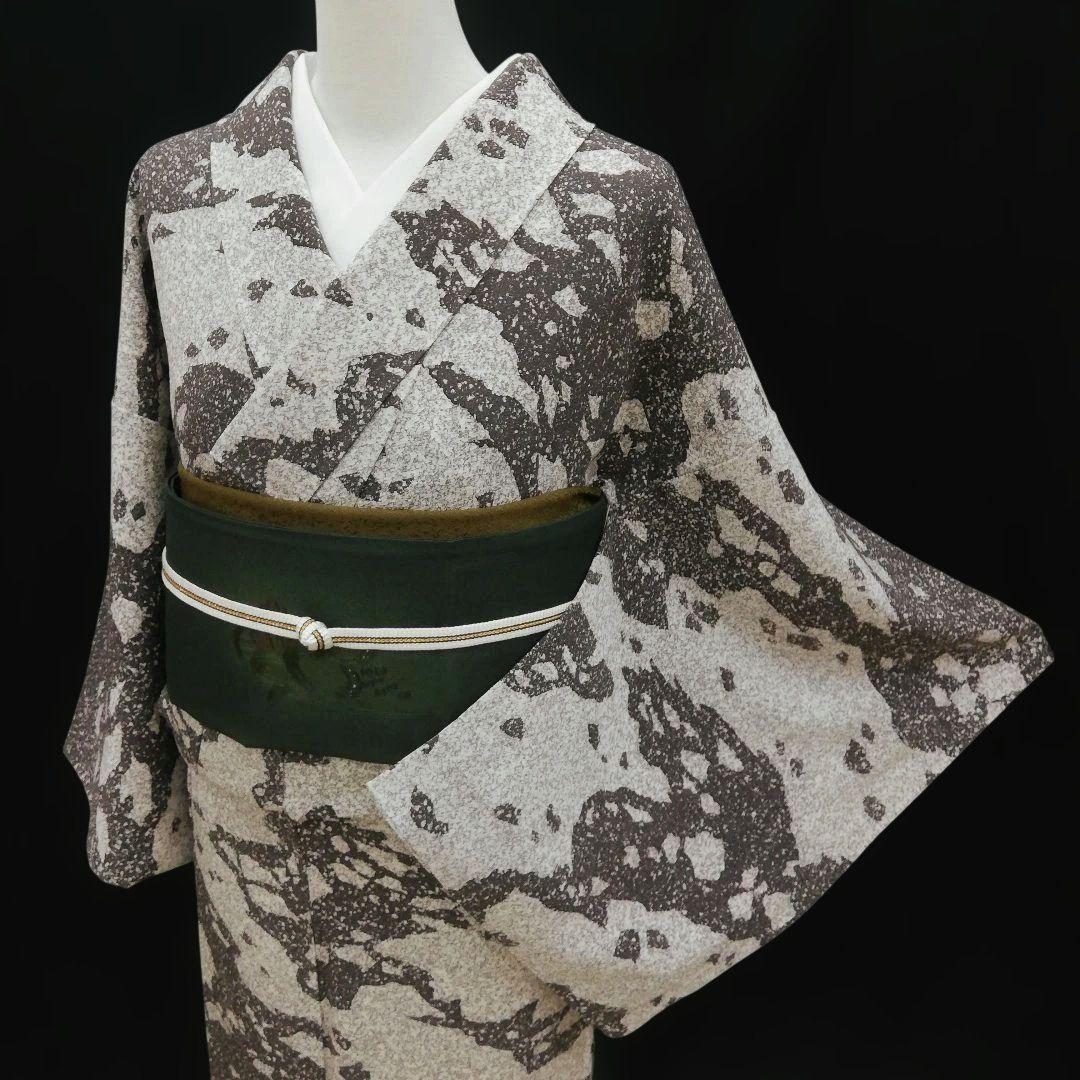 小紋(袷)　(たたき染め　流氷紋様　個性的　モノトーン　作家　上質ちりめん)