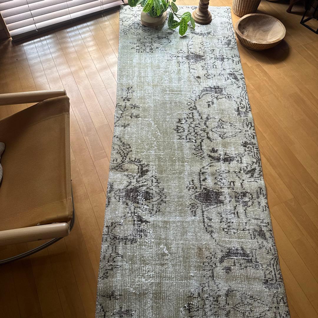 超ロング76.5×310 カーキベージュ　ランナーラグ　トルコヴィンテージラグ