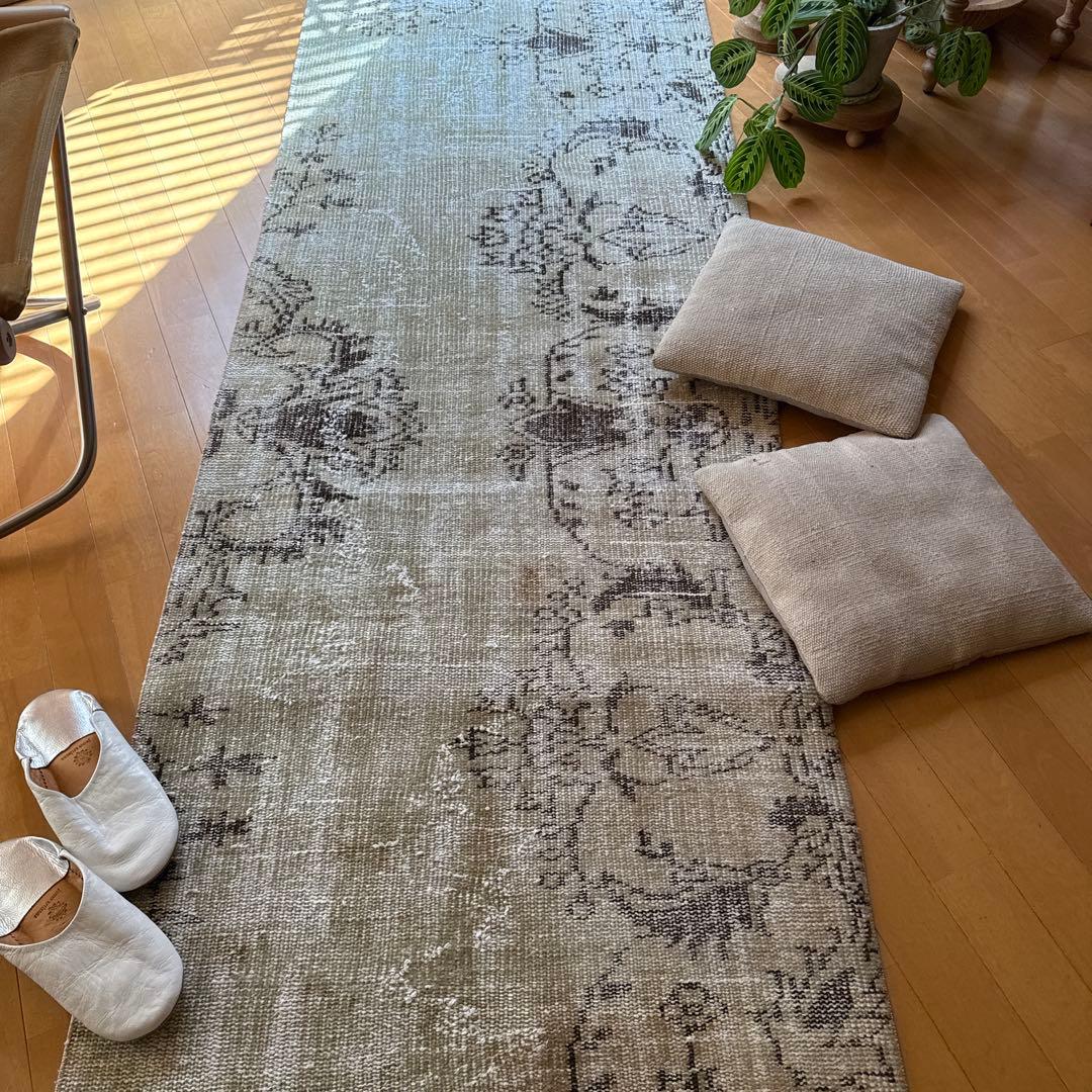超ロング76.5×310 カーキベージュ　ランナーラグ　トルコヴィンテージラグ
