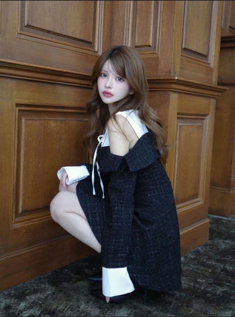 Randy ツイードショルダーカットフレアミニワンピース