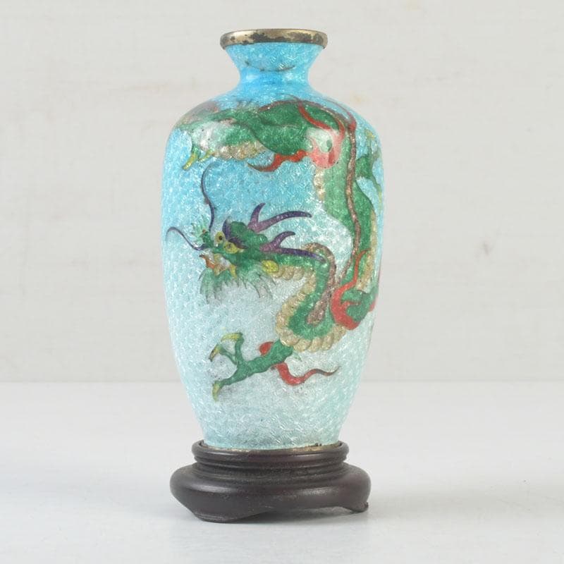 中国　古七宝琺瑯彩　龍文瓶　唐木台　時代箱付　V　9724