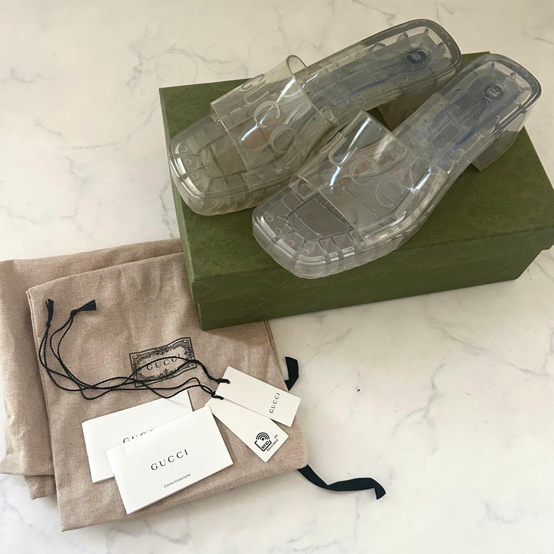 GUCCI クリア エンボスロゴ チャンキーヒール サンダル 39 保存袋 箱付