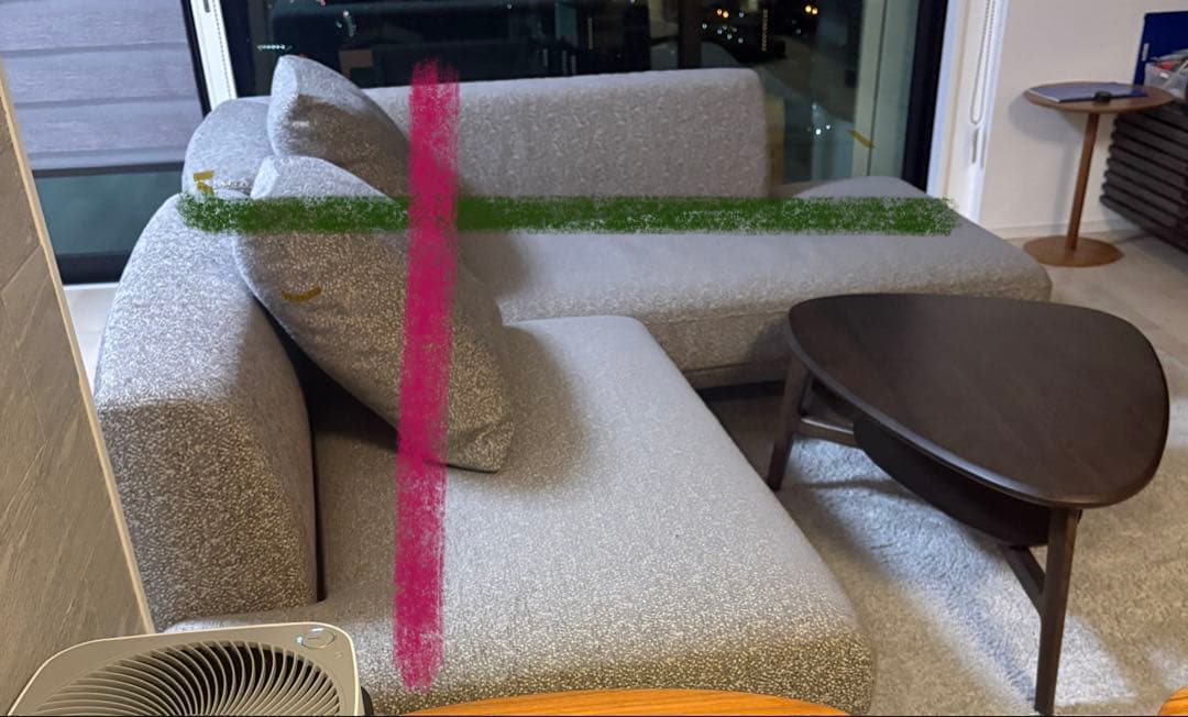 むっしゅ　カリモク　ベージュL字型ソファと同色三角テーブルセット