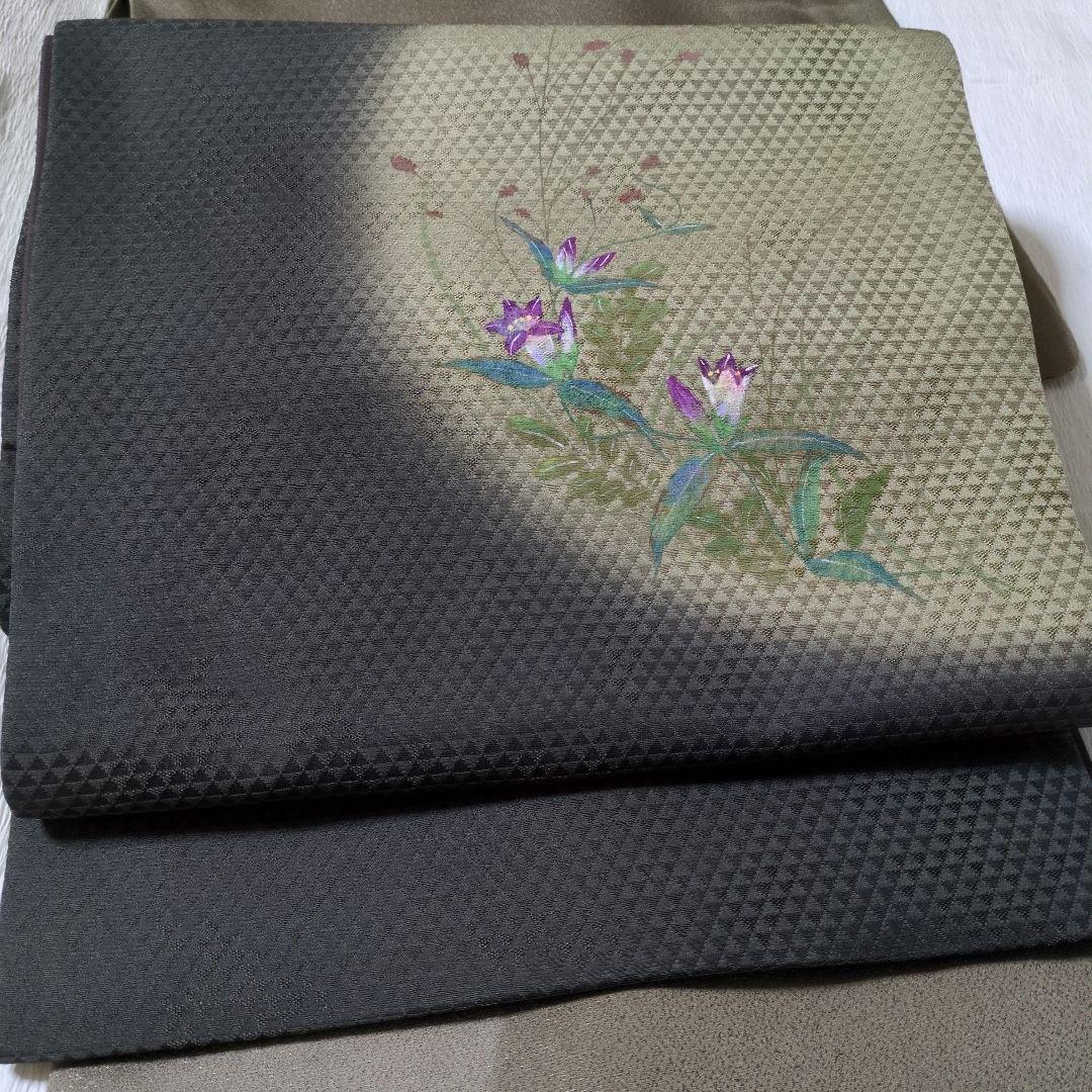 たま 未使用に近　正絹着物スミレりんどう花　袋帯 作家セット物