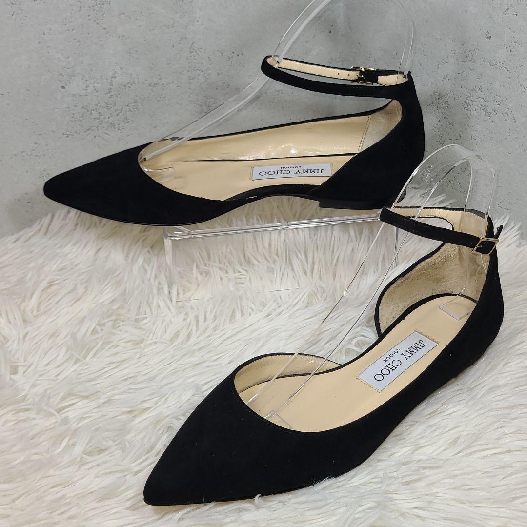 【JIMMY CHOO】ポインテッドトゥ　スエードローヒールストラップパンプス