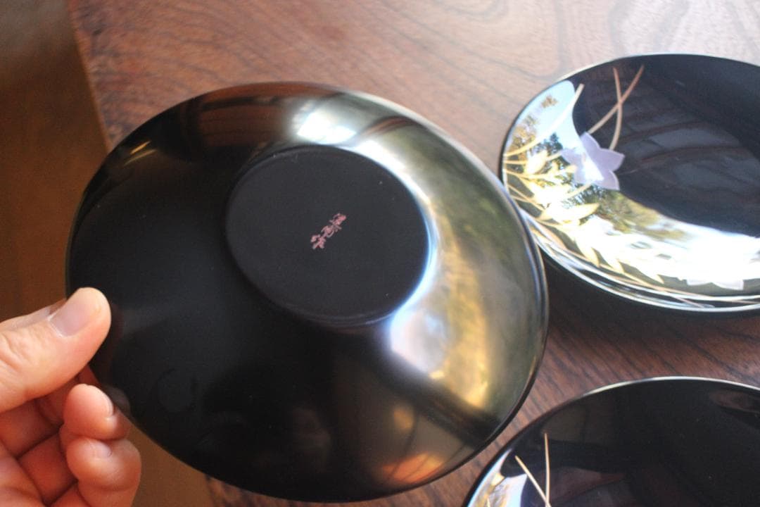 デッドストック！上質黒漆に優美な桔梗蒔絵の映える銘々皿5点（検輪島塗銘々皿蒔絵皿