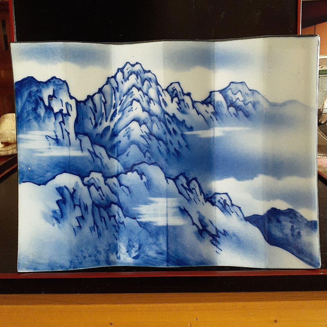 染め付け屏風形剣岳絵図角皿5客