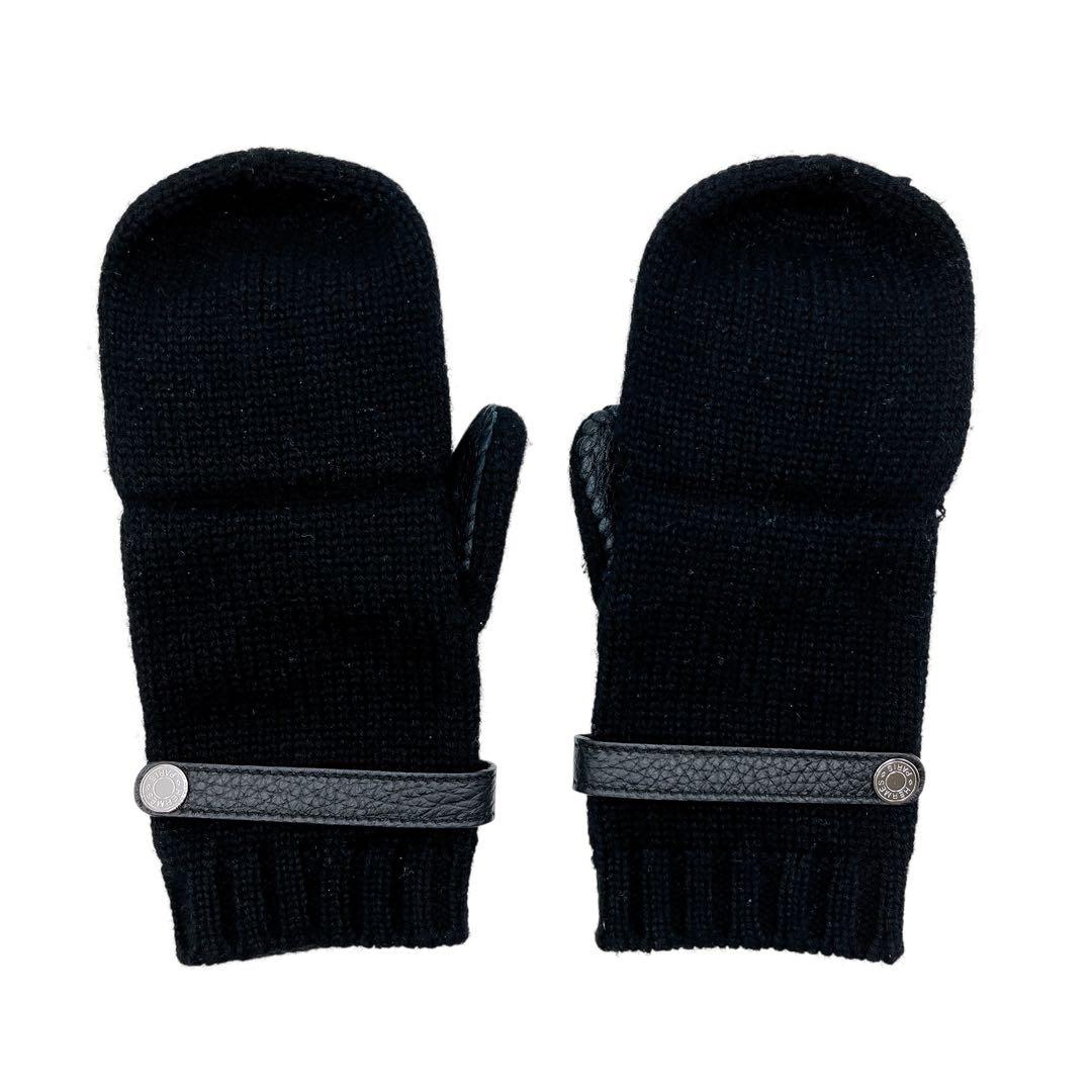 美品 エルメス カシミヤ レザー ボルチモア 手袋 ニット ブラック レディース