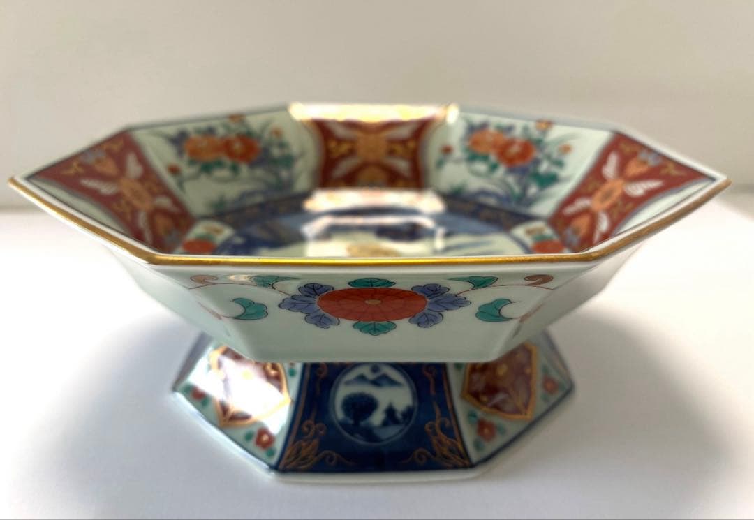 高台大鉢　伊万里　山水八角　色絵　金彩飾り　高台皿　高台鉢　未使用　有田焼