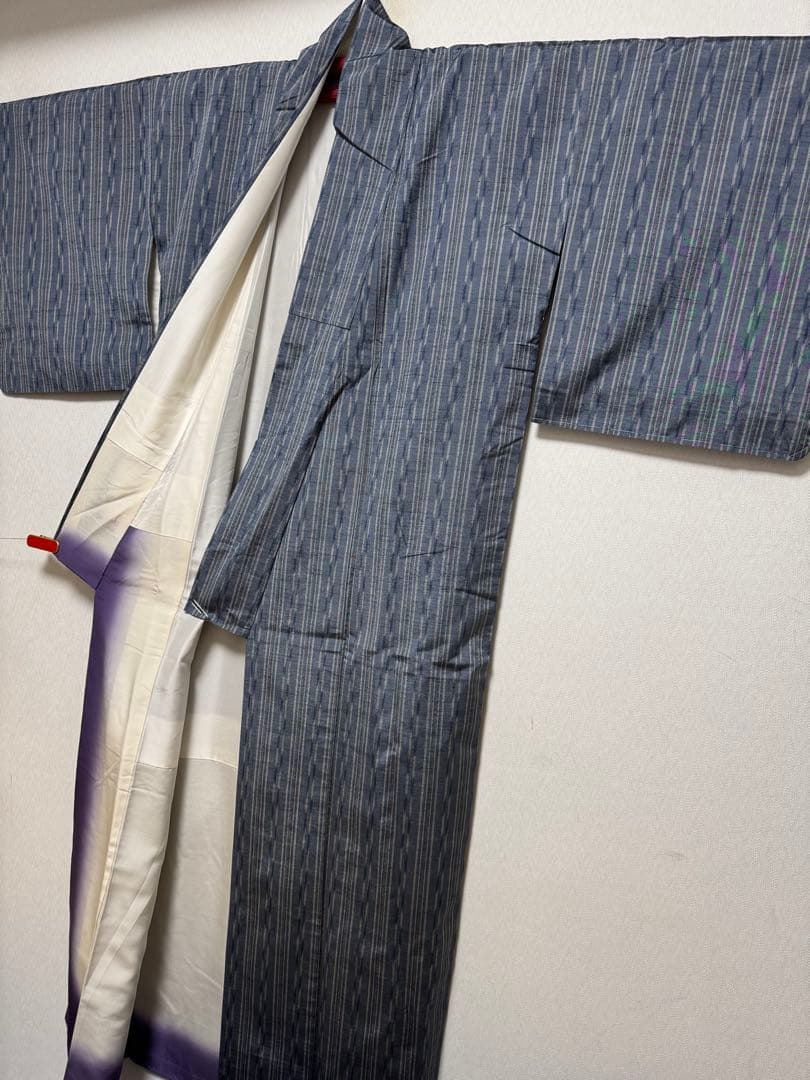 【未着用品】西陣織染匠「美吉」米沢産米沢紬 手機織 藍鼠色「多種縦縞文様」