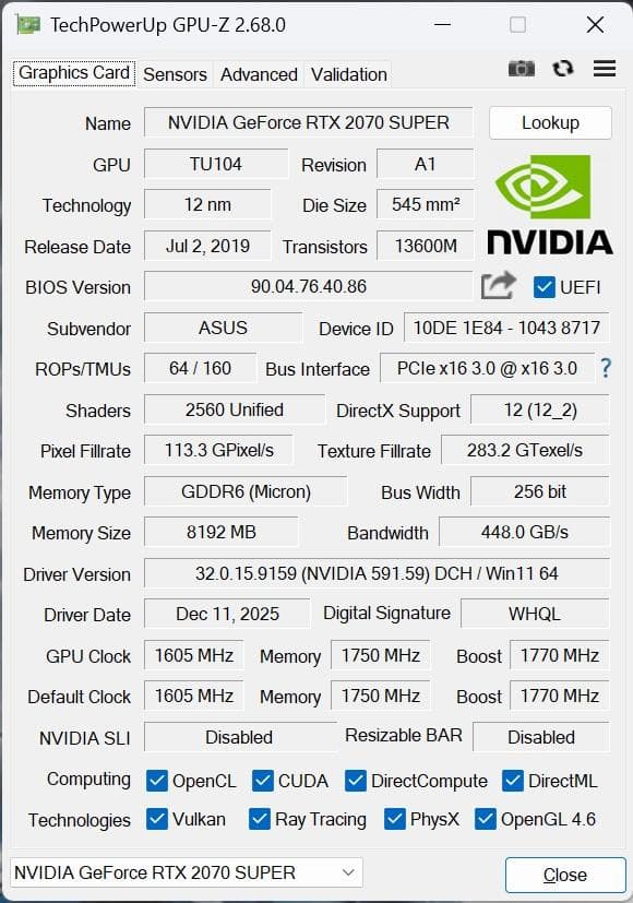 【動作テスト済】ASUS RTX2070Super GDDR6 8GB ROG