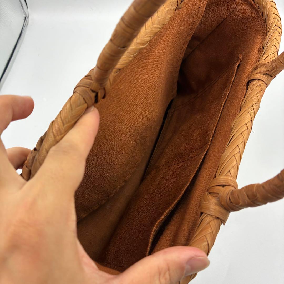 美品】カゴバッグ　山葡萄　六角花編み結び　飾細工付　内布付き　茶色
