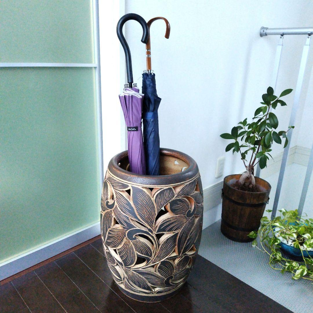 アンティーク 信楽焼傘立て 透かし彫刻 北欧インテリア 高さ42.5cm