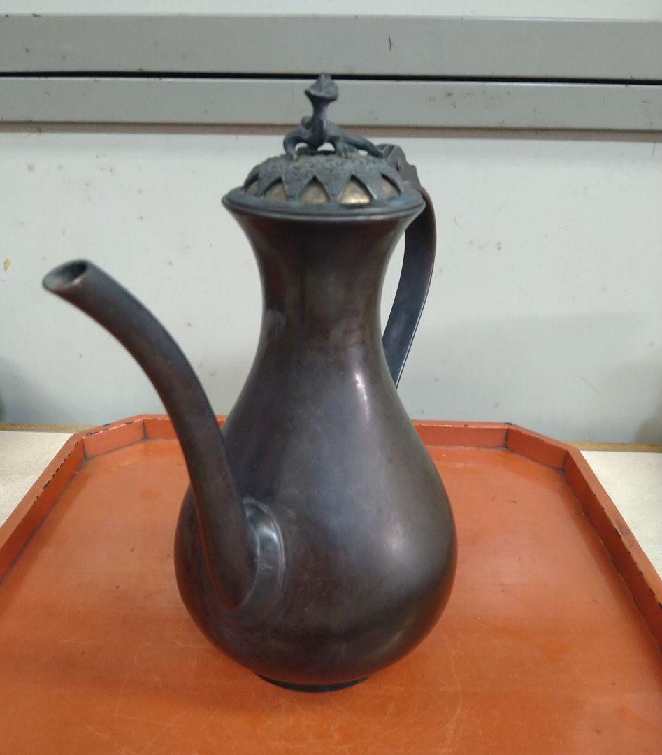 室町時代古赤銅鍍金獣蓋酒注瓶 R130春