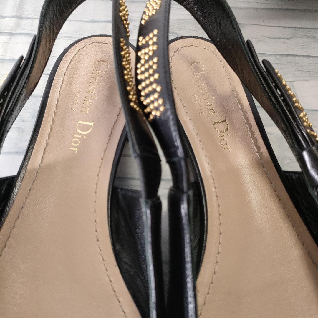 箱保存袋付き美品✨Dior　スリングバックフラットパンプス　レザー　黒×ゴールド
