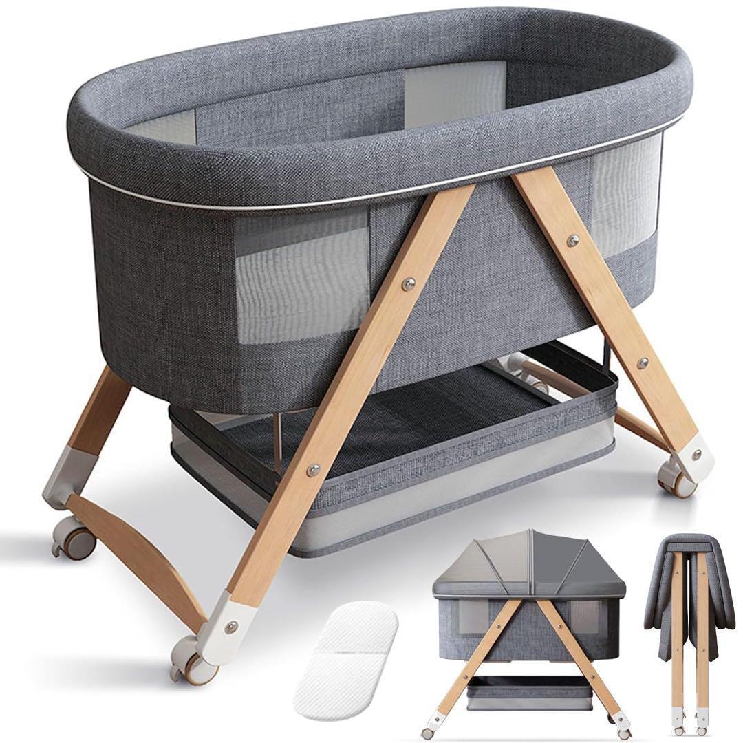 ベビーベッド　ゆりかご　3way 折りたたみ　木製　蚊帳　キャスター付き　グレー